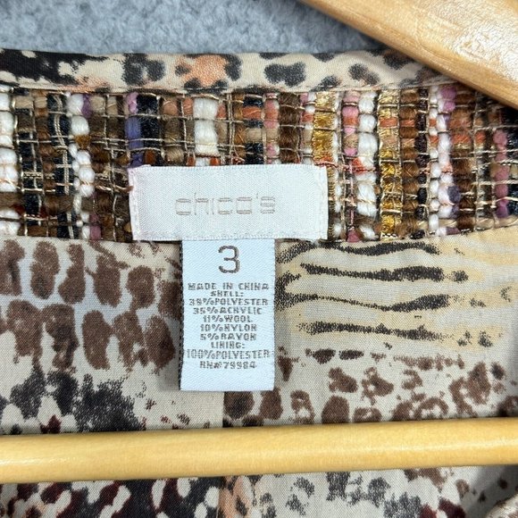 Chicos L-XL Size 3 Jacket nubby woven Tweed Brown Fringe designer style pockets - Picture 4 of 14